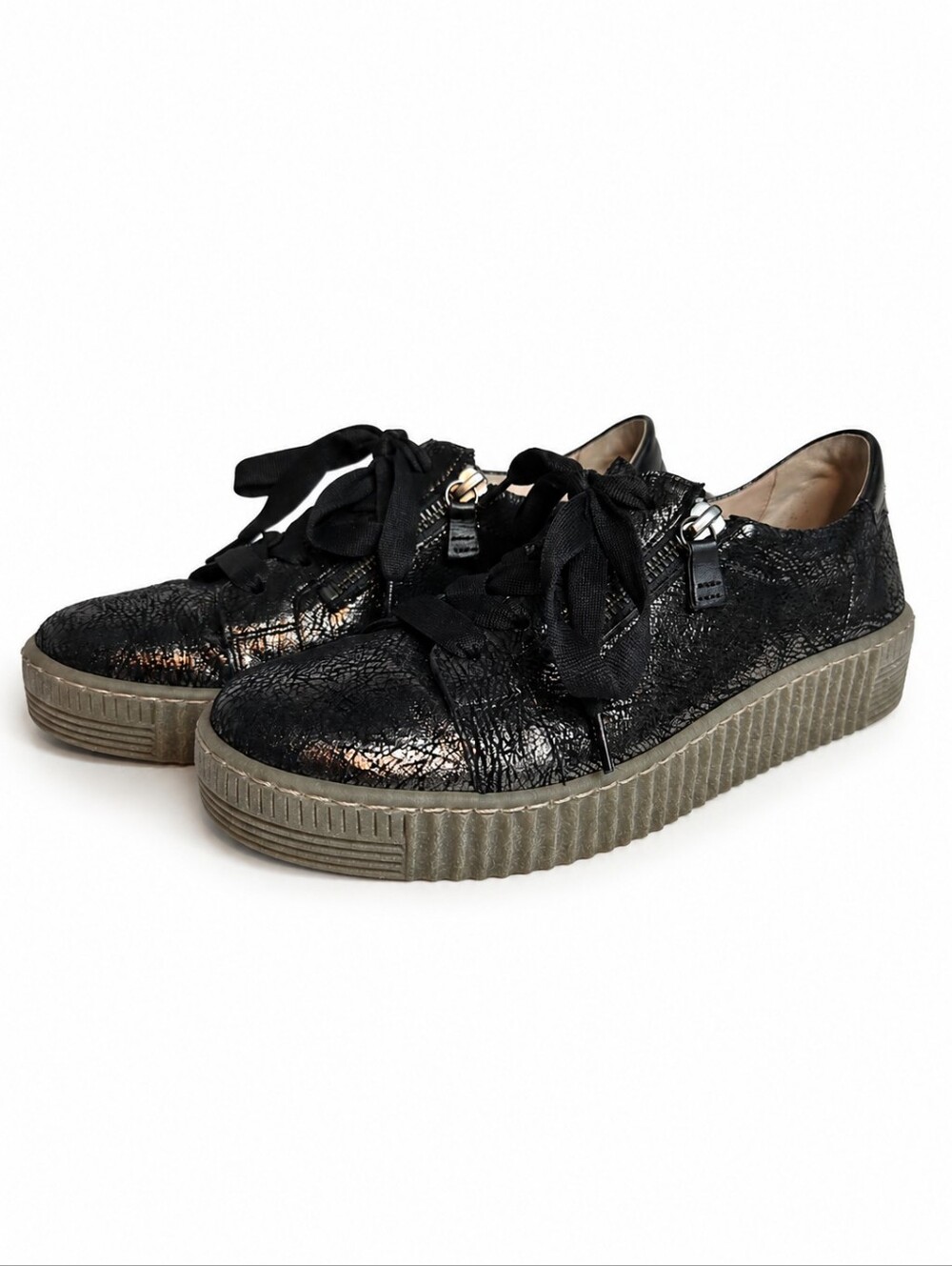 Gabor Metallic Crackle Leather Platform Sneakers Side Zip Black Size 7